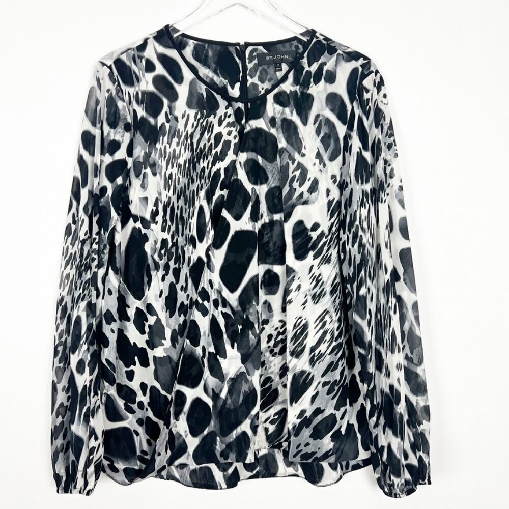 St. John Silk Blouse Women's Size 14 Black White Animal Print Flowy Draped